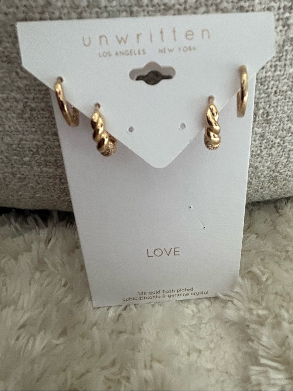 Unwritten Gold Twisted Hoop & CZ Huggie Earring Set of 3 but 1 missing - Picture 2 of 5